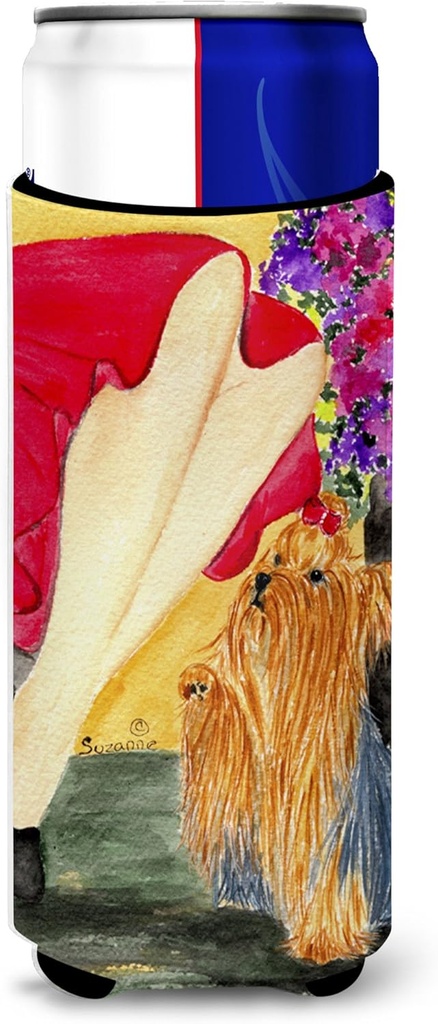 Lady with her Yorkie Ultra Beverage Insulators for slim cans