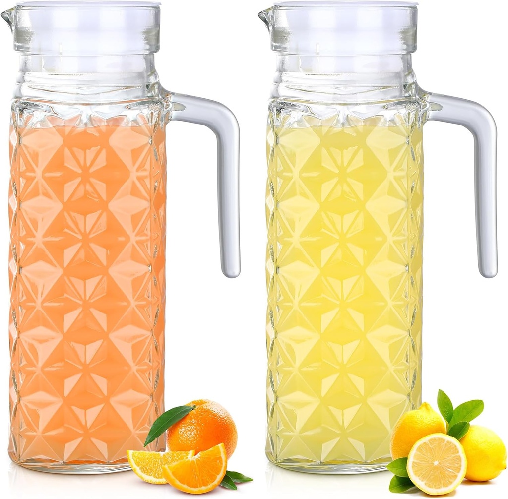 Gejoy 2 Pcs 40 oz Glass Juice Containers with Lids Glass Pitcher with Handle and Spout for Fridge Small Water Orange Juice Iced Tea Pitcher Clear Fridge Containers Milk Jug Jar Carafe for Home