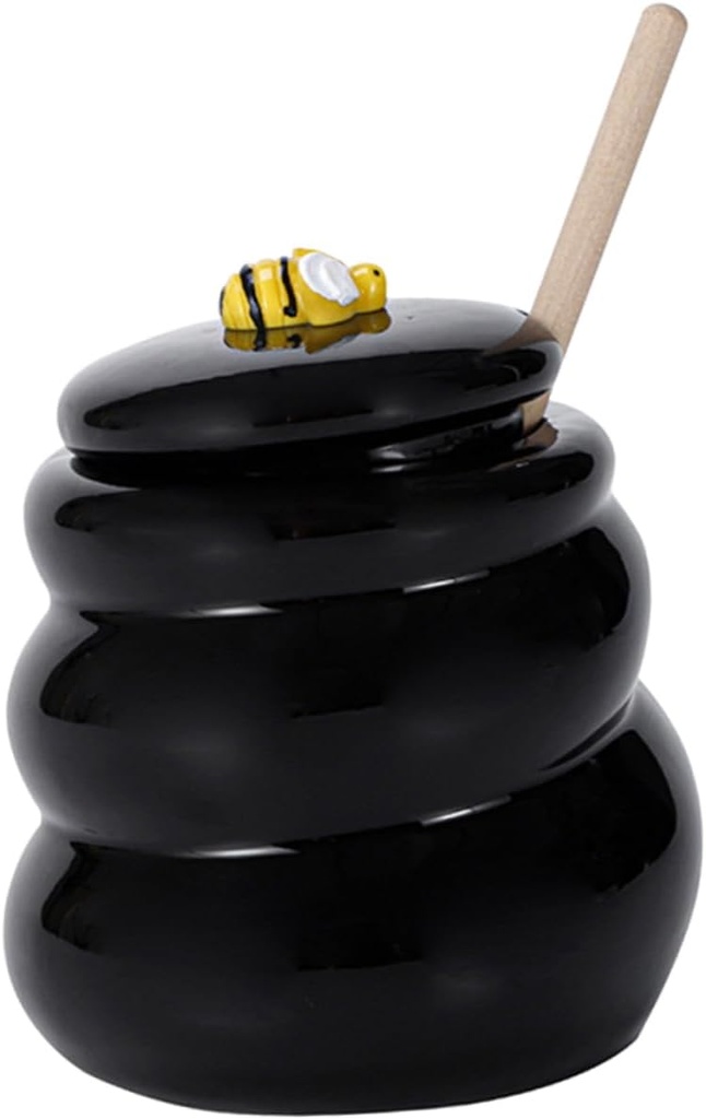 Ceramic Honey Pot with Lid and Dipper Stick Cute Black Dustproof Kitchen Honey Dispenser Compact Jam Container for Syrup and Tea Storage