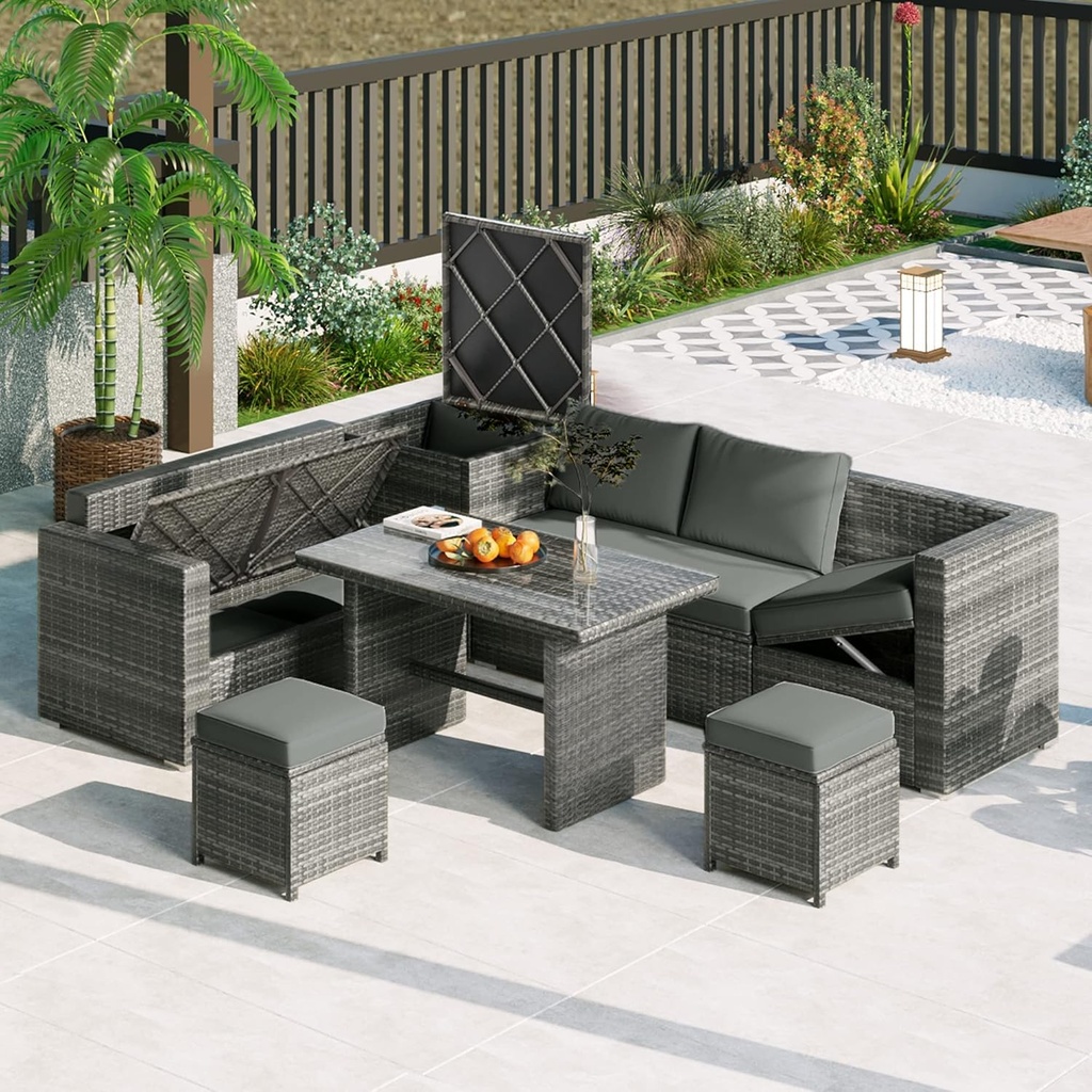 Outdoor 6-Piece All Weather PE Rattan Sofa Set, Garden Patio Wicker Sectional Furniture Set with Adjustable Seat, Storage Box, Removable Covers and Tempered Glass Top Table,Grey