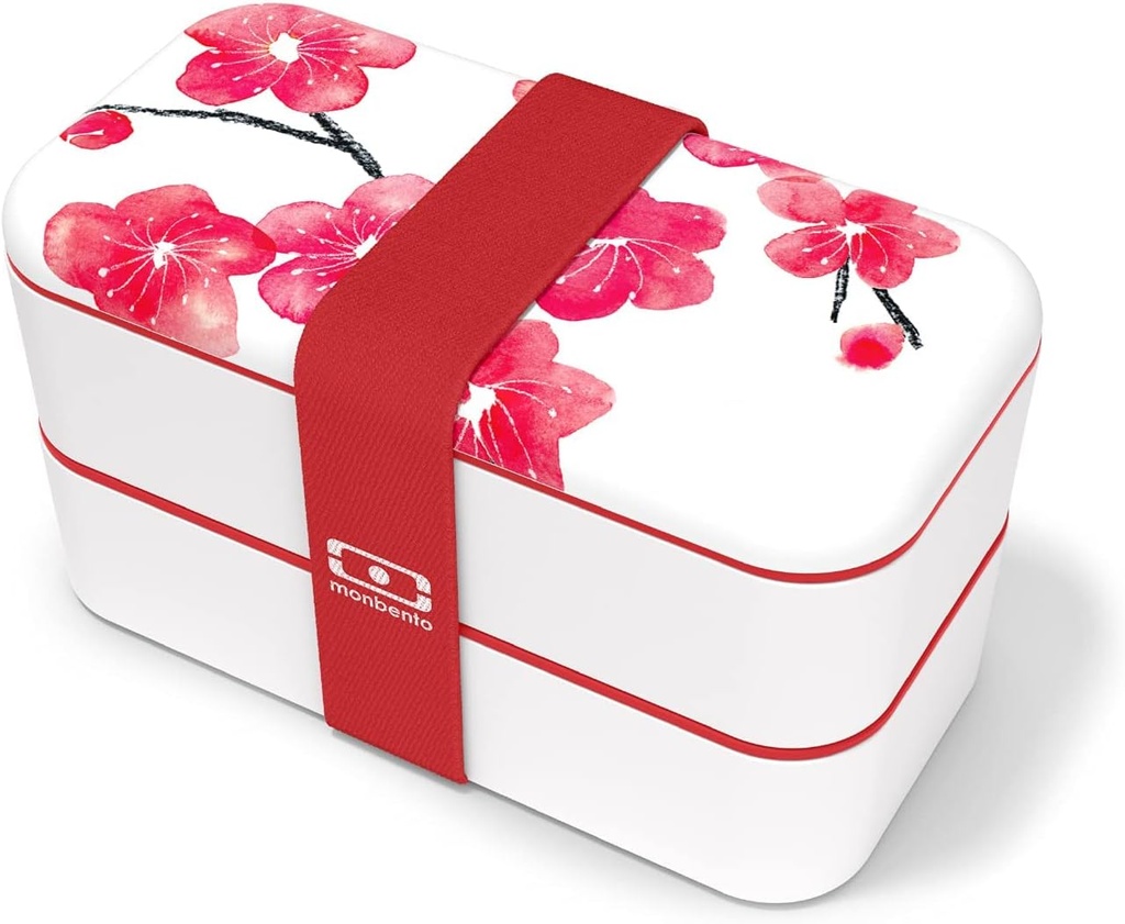 monbento - Bento Box MB Original Blossom with Compartments - 2 Tier Leakproof Lunch Box for Work and Meal Prep - BPA Free - Food Grade Safe - Japanese Flowers - Red & White