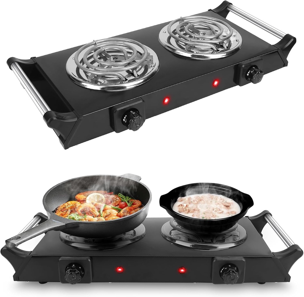2000W Hot Plate,Portable Electric Stove Countertop Double Coil Burners W/5 Level Temperature Control & Stay Cool Handles, Easy to Clean, Lightweight Cast Iron Electric Stove for RV/Home/Camp 110V