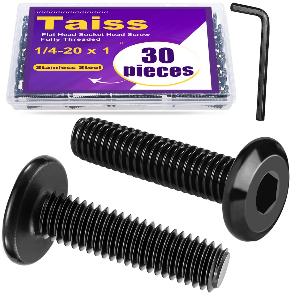 Taiss 30pcs 1/4-20 x 1" Flat Head Socket Head Screw,Furniture Bolts,Furniture Screws 304 Stainless Steel,1/4 Bolts Black Zinc Plated Fully Threaded,Countersunk Connector Screws with Hex Spanner