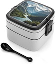 Mountains And Rivers Bento Box - Double Layer, Leakproof Food Containers with Partition & Spoon, Stackable Lunch Box for Office, Travel, Camping