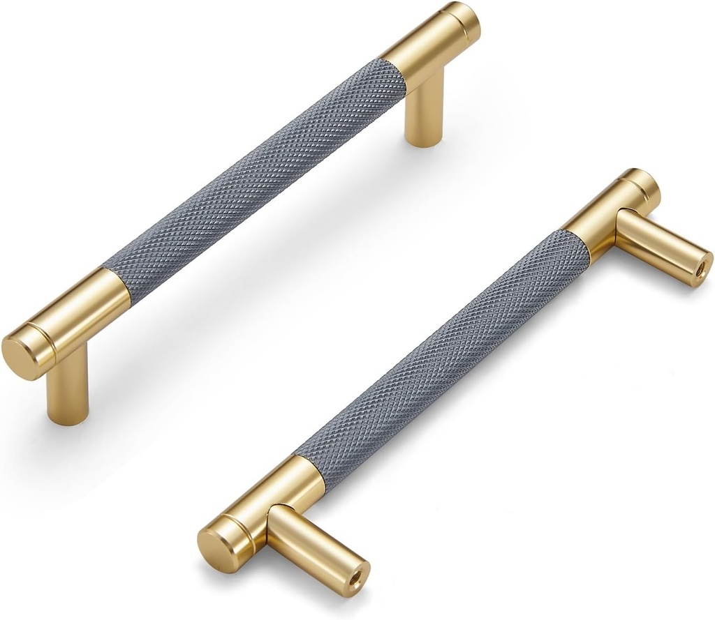 10 Pack Cabinet Handles Gold and Grey 5 Inch Drawer Pulls Round Brass Cabinet Pulls with Knurled Pattern Kitchen Cabinet Hardware