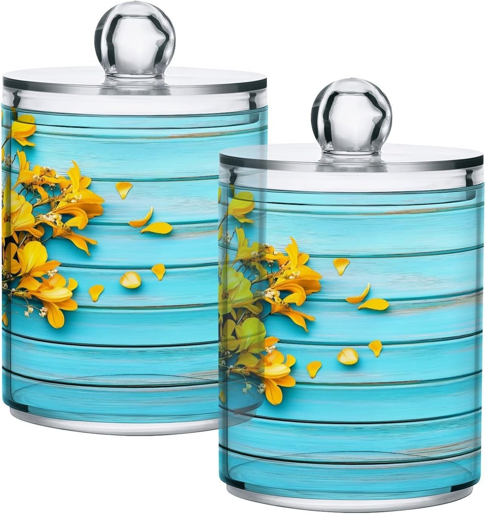Acrylic Plastic Clear Jar with Lid, Yellow Flowers Bouquet Blue Wooden Airtight Storage Jar 2 Pack Kitchen Storage Containers for Cookie Snack Candy
