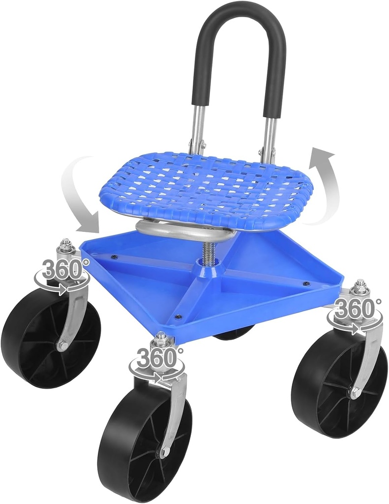 360° Swivel Garden Cart Seat - Height Adjustable Rolling Stool with Tool Tray & All-Terrains Wheels, 330Lbs Heavy Duty Gardening Stool for Seniors, Elderly, Knee Pain Relief Blue