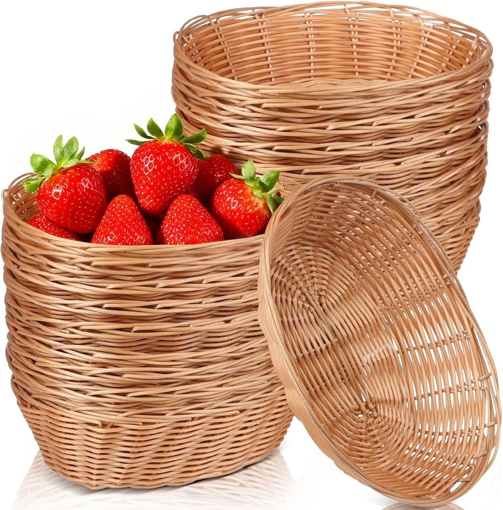 20 Pack Oval Poly Wicker Baskets — 9.1 x 6 x 2.6 Inch Wicker Bread Baskets, Medium Size Gift Baskets for Kitchen, Restaurant, Fruit Storage, and Food Display