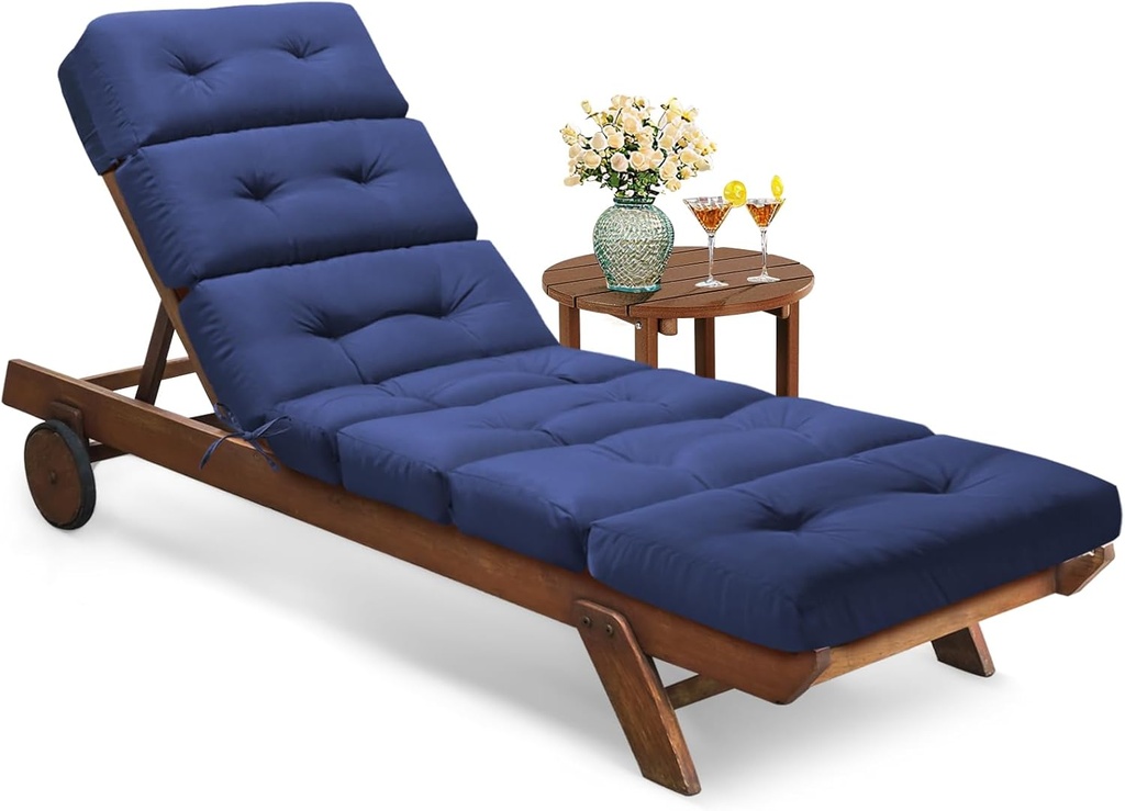 All Weather Chaise Lounge Cushions Outdoor Lounge Chair Cushion, Replacement Chaise Lounger Chair Cushion Waterproof for Outdoor Patio Furniture with Non-Slip Back and Ties, Blue