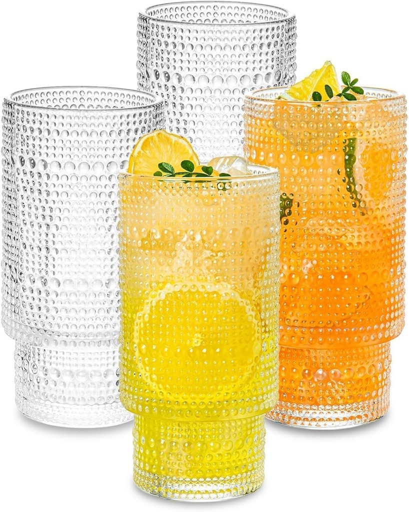 Embossed Stackable Cocktail Glasses, Set of 4, Clear 6.5 oz Glassware for Iced Coffee, Juices, and Mixed Drinks (Style3)