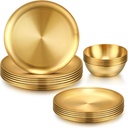Layhit 18 Pcs Gold Stainless Steel Dinnerware Set 10'' Metal Gold Dinner Plates 8'' Thickened Dinner Dishes 3.5'' Sauce Bowls Stackable Dishware for Kitchen BBQ Party Picnic, Service for 6