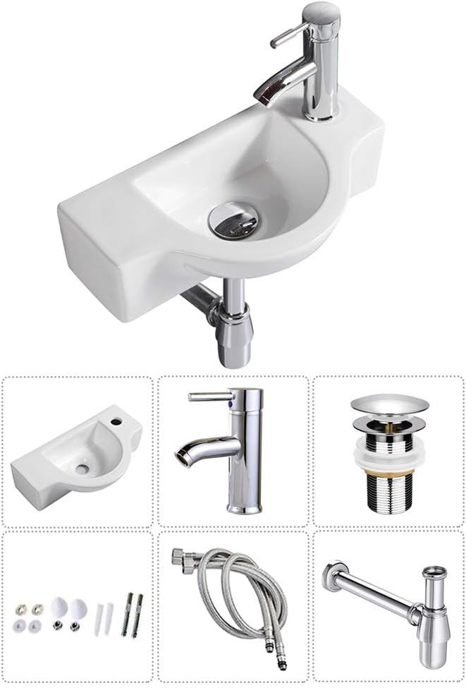 Bathroom Ceramic Washbasin and Faucet Combo White Small Wall Mount Sink Set Chrome Pop-up Drain Included (Sink with Faucet & Drain)