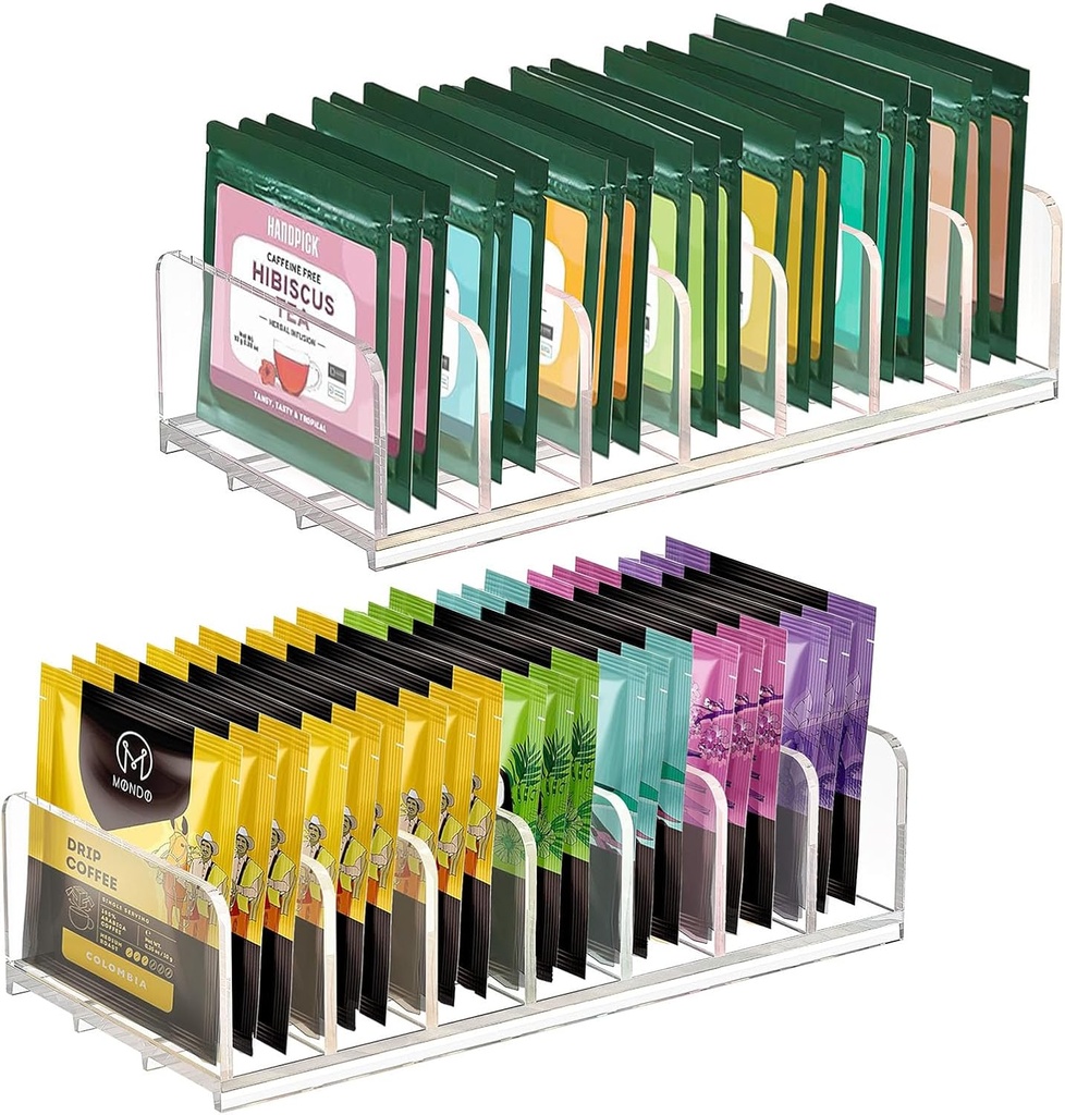2 Pack Tea Bag Organizer,Tea Organizers and Storage Box,Tea Bag Holder Organizer with 14 Compartments Multipurpose Storage Slots for Tea, Coffee, Sugar Packets,Condiment -Holds 40-50 Packets