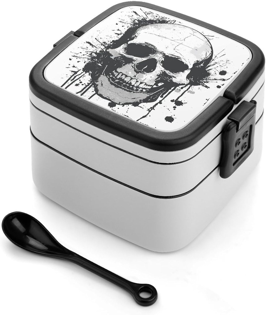 HJUL Simple Skull Graphic Bento Box Double Layer Lunch Box Leakproof One-piece Stackable Lunchbox for Adults with Spoon And Handle Bento Boxes for Work Picnics And Travel