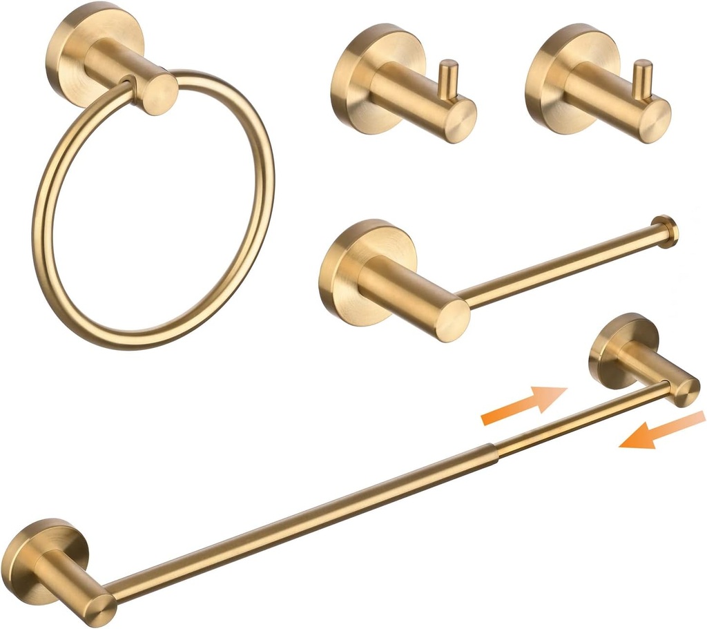 SHUNLI 5 Pieces Bathroom Accessories Hardware Set (Adjustable Towel Bar 16 to 26 Inch, Toilet Paper Holder, Towel Ring, 2PCS Hook) Brushed Gold Wall Mounted Bath Fixtures Set, SUS304 Stainless Steel