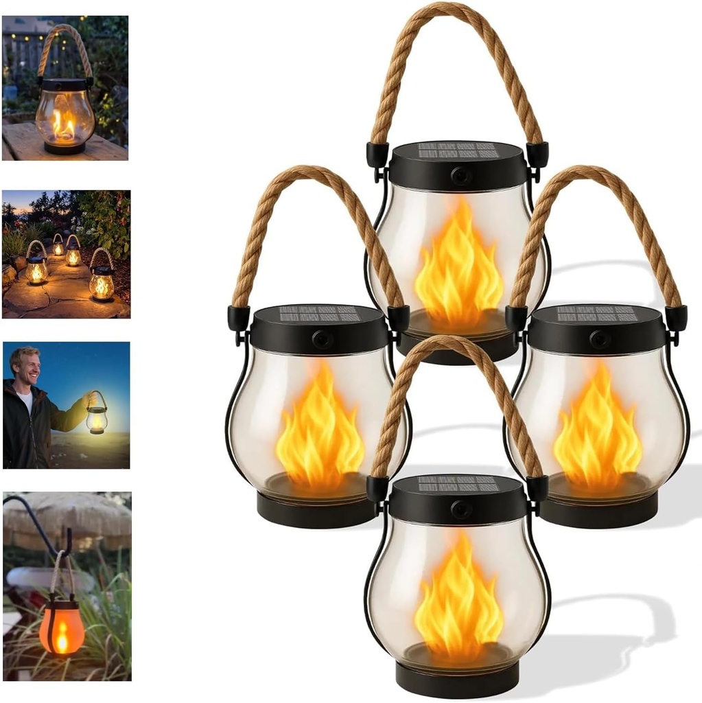 Kaliqo Solar Lantern Outdoor Lights - Realistic Dancing Flame Effect, Solar-Powered LED Lantern for Camping, Yard, Garden, Patio & Porch Decor (4Pcs)