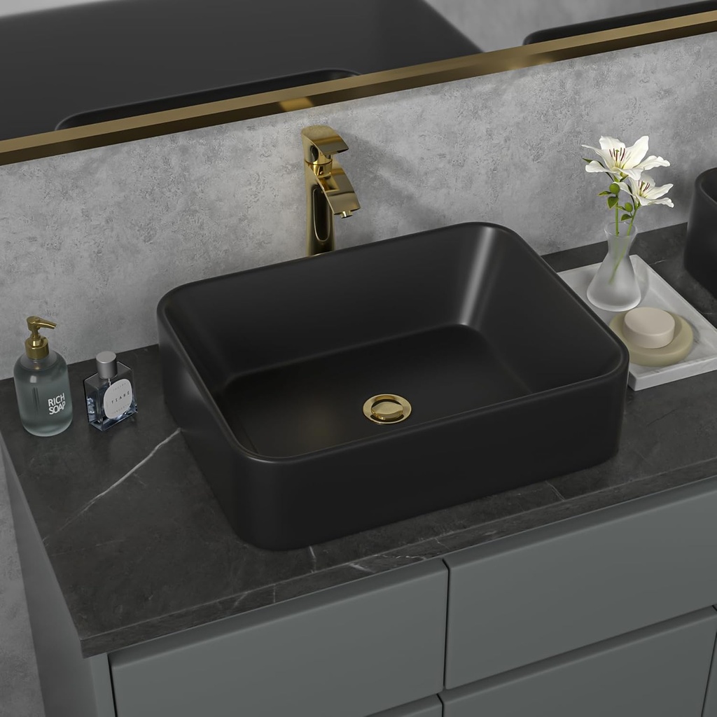 Sarlai Bathroom Vessel Sink - 19"x15" Modern Bathroom Sink Rectangular Above Counter Black Porcelain Ceramic Bathroom Vessel Vanity Sink Art Basin