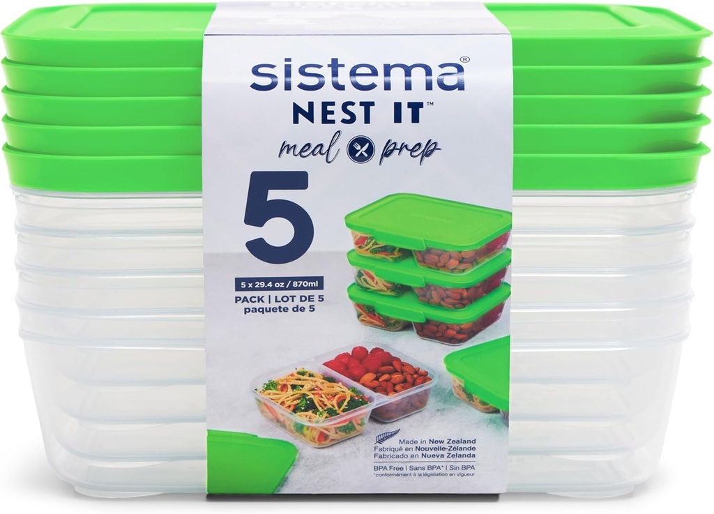 Sistema NEST IT Meal Prep Containers | 870 ml | Airtight Food Storage Containers with Compartments & Lids | BPA-Free | Green | Recyclable with TerraCycle® | 5 Count, White