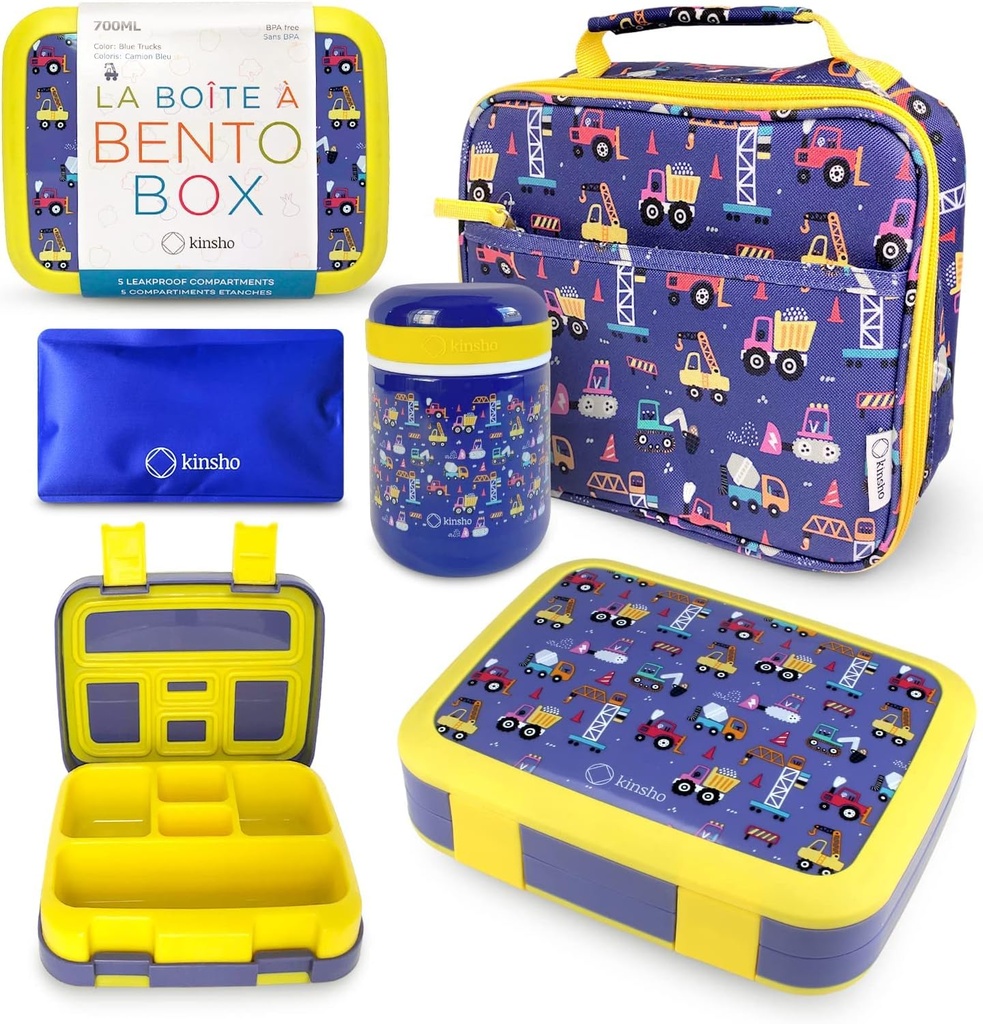 Bento Box with Thermo, Insulated Lunch Bag, & Ice Pack Set for Kids or Toddlers. Stainless Steel Food Jar, 5 Compartment Lunch-Box for Pre-School or Daycare, Blue Yellow Trucks
