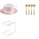 Tea Cup Set Tea Cups and Saucers Sets of 4 Espresso Cups with Gold Trim Porcelain 7 Oz Coffee Cups with Saucers Spoons (Pink Purple) (Light Pink)