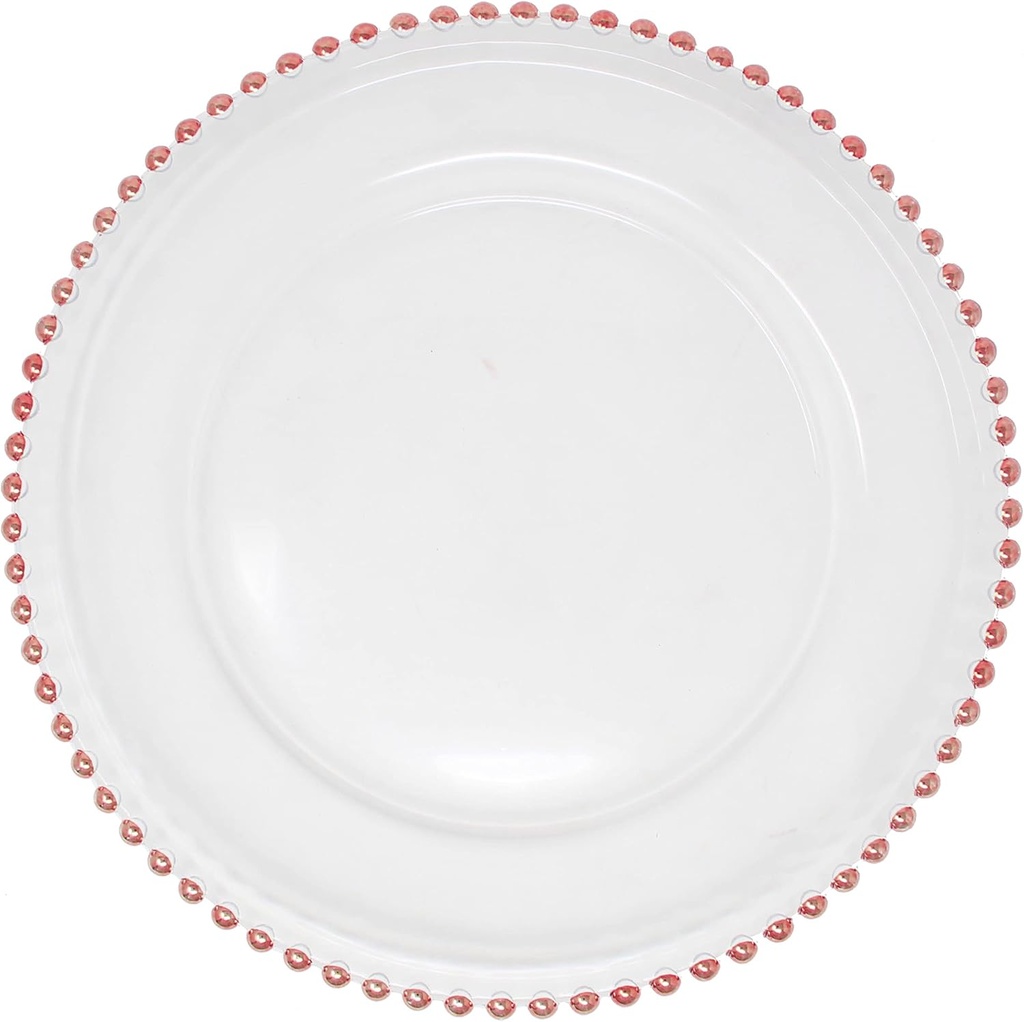Ms Lovely Clear Glass Charger 12.6 Inch Dinner Plate With Beaded Rim - Set of 4 - Metallic Pink