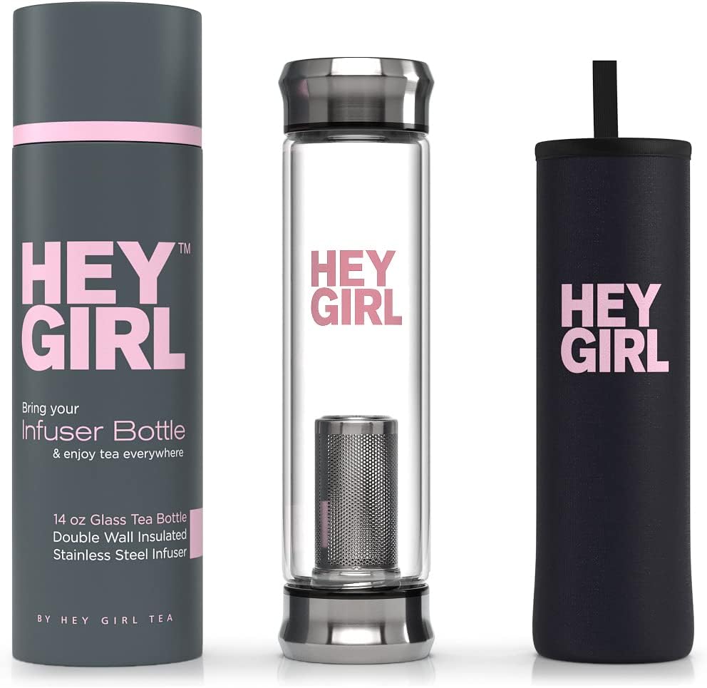 Hey girl Glass Water Bottle Tea Infuser - 14oz Insulated Glass Bottles with Tea Steeper & Silicone Sleeve for Loose Leaf Tea & Infused Fruit - Travel Tea Brewer Tumbler Mug - Gifts for Tea Drinkers