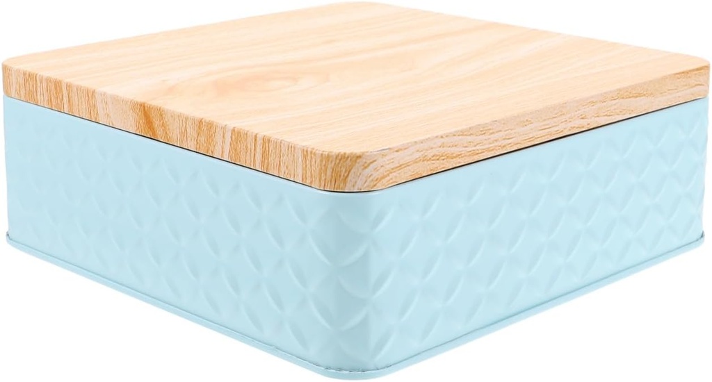 Sky-Blue Square Cookie Tin Box with Wooden Lid for Snacks, Baked Goods, and Gift Giving - 6.69 X 6.69 X 2.36 Inch Tinplate Storage Container for Home Organization and Special Occasions