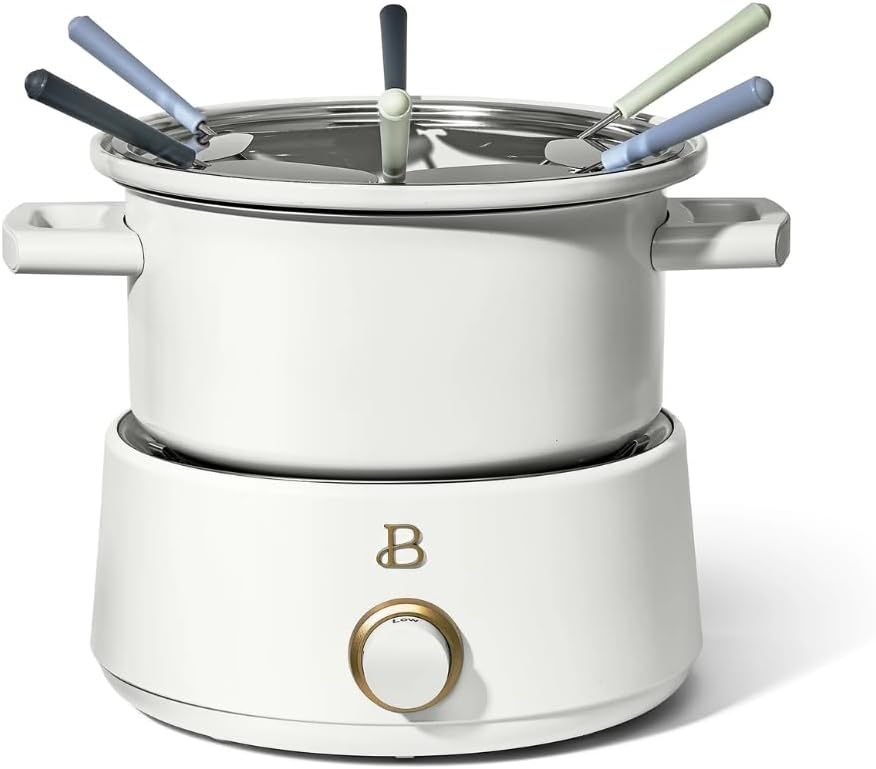 Beautiful 3-Quart Electric Fondue Set by Drew Barrymore – 1000W, Stainless Steel Pot, Bonus 2Qt Ceramic Insert, Adjustable Temperature, Nonstick, Dishwasher Safe