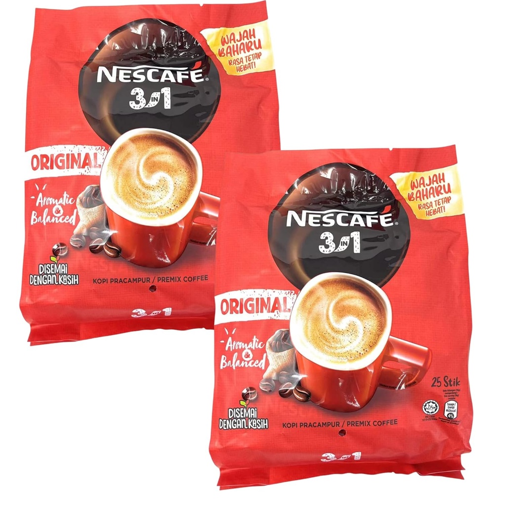 2 Packs Nescafé 3-in-1 ORIGINAL Premix Instant Coffee Single Serve Packets Total 50 Sticks