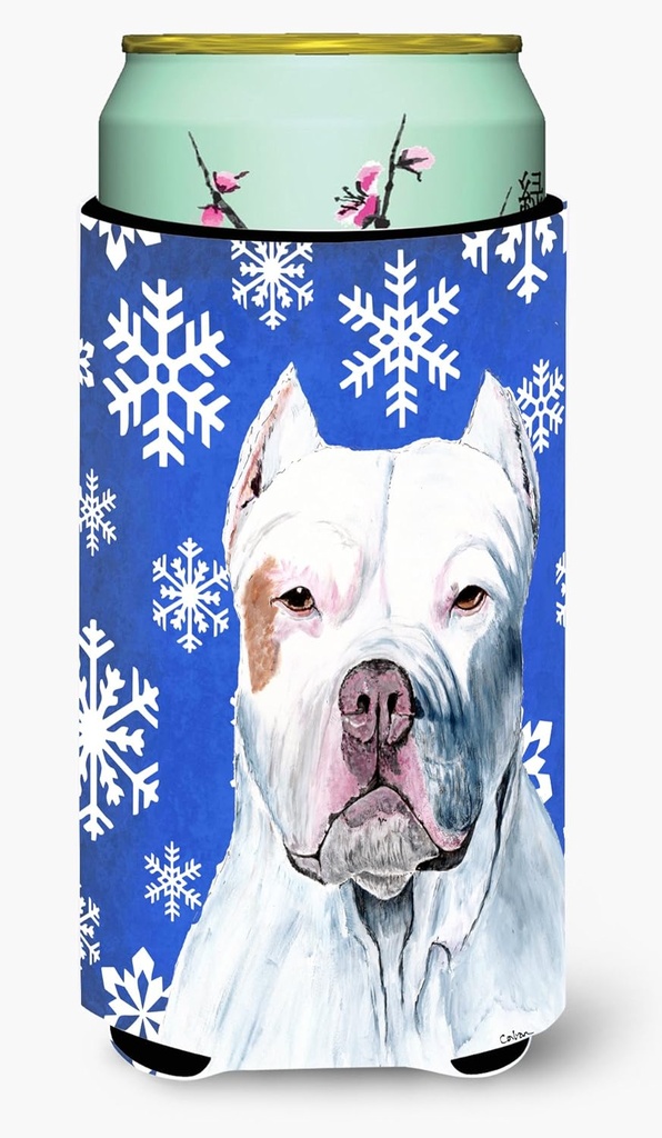 Caroline's Treasures SC9381TBC Pit Bull Winter Snowflakes Holiday Tall Boy Hugger Can Cooler Sleeve Hugger Machine Washable Drink Sleeve Hugger Collapsible Insulator Beverage Insulated Holder