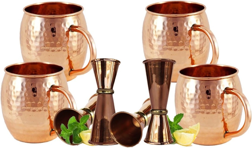 Rastogi Handicrafts Moscow Mule Mugs Gift Set – 100% Pure Hammered With 4 Jigger cocktail shot glasses Mugs Set of 4