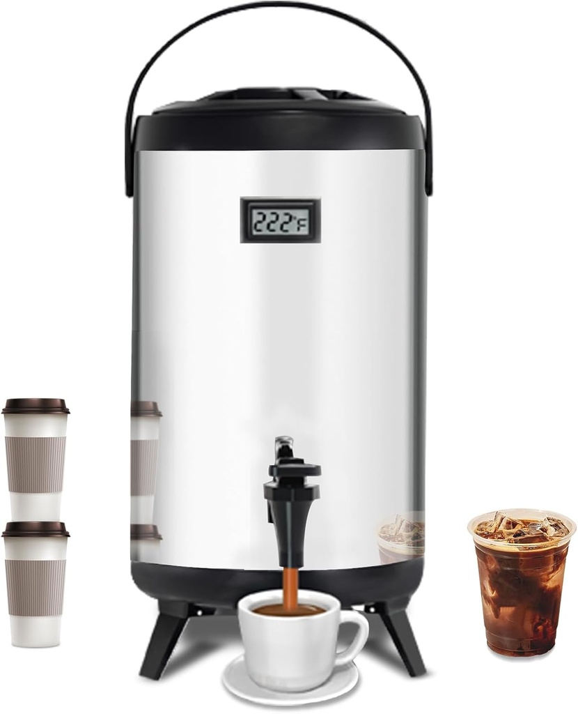 Insulated Beverage Dispenser,12L/3.2Gal Coffee Dispenser,Tea Dispenser,Coffee Carafe,Thermos Urn,Hot and Cold Drink Dispenser Faucet with thermometer For Hot Tea&Coffee,Cold Milk,Water,Juice(silver)