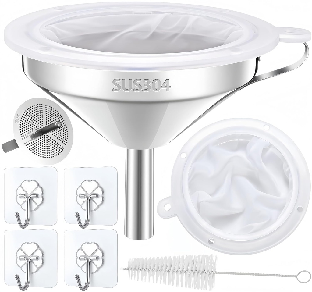 Funnel for Filling Bottles, 5 Inch Food Grade 18/8 Stainless Steel Kitchen Funnel with 200 Mesh Filter Strainer for Fryer Oil Grease Juice Milk Coffee, with 4 Clear Hooks