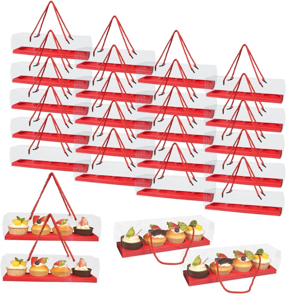 Clear Cupcake Boxes with Handle, 24 Pcs 4 Bakery Cake Boxes, Rectangular Cupcake Containers, Transparent Treat Boxes, Gift Boxes for Wedding Party, Dessert Packaging,12 x 3 x 3 Inch (Red)