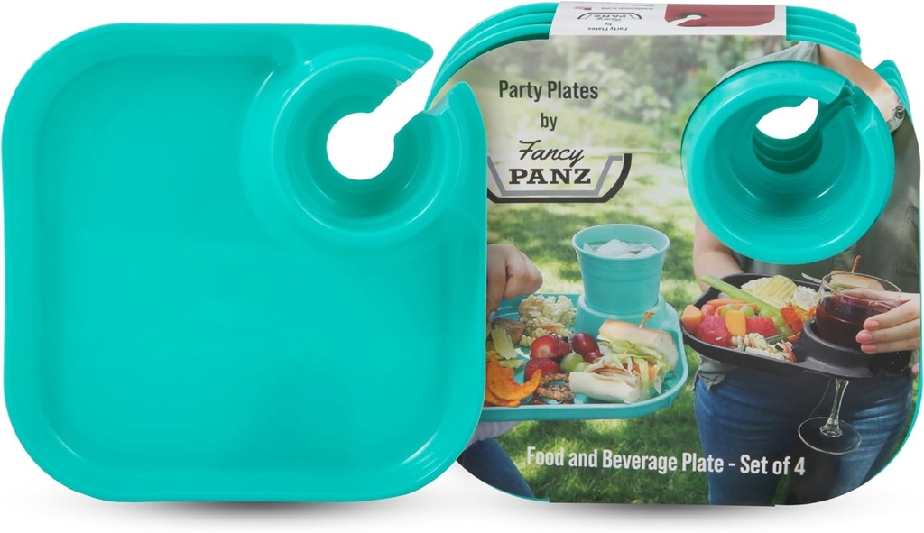 Fancy Panz Pack of 4 Aqua Party Plate with Stemware Holder - Reusable Plates for Parties - Made in the USA Plastic Plate with Built In Cup Holder - Hosting Essentials & Charcuterie Plates
