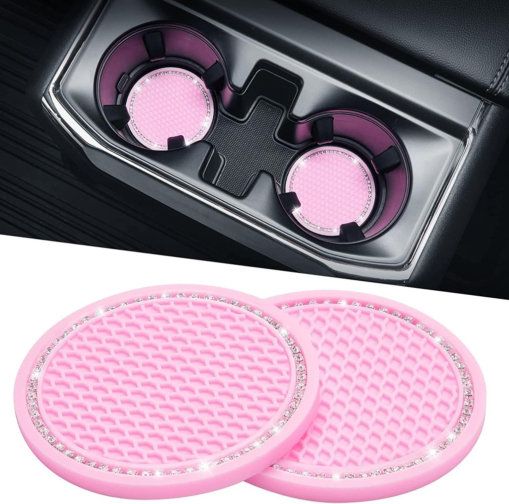 JOYTUTUS Cup Holder Coasters for Car, 2 Pack Universal Anti-Slip Car Coasters with Crystal Rhinestone, 2.75 inch/6.98 cm PVC Cup Holder Insert Coaster, Pink Car Accessories (Pink with Diamond)