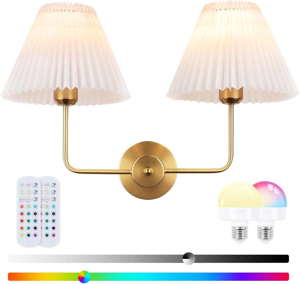 Double Light Battery Operated Wireless Wall Sconces with White Pleated Fabric lampshade, 2-Light Antique Brass Sconce for Bathroom Vanity Hallway Stairway Living Room (Gold)