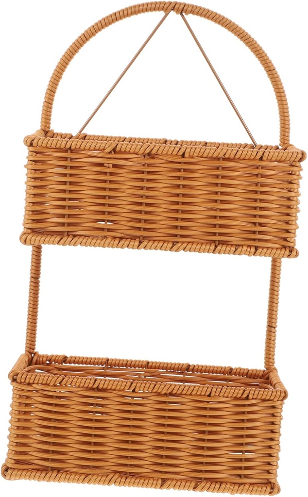OUNONA Woven Wall Hanging Basket with Handle Double Tea Color Storage Organizer for Kitchen Fruits Bathroom Toiletries and Decorative Flower Arrangements PP Material
