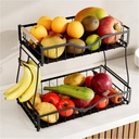 2 Tier Fruit Basket with 2 Banana Hangers, Fruit Bowl for Kitchen Countertop with 2 Wooden Handle, Detachable Metal Fruit Holder for Vegetable Bread with 2 Protective Pads, Black
