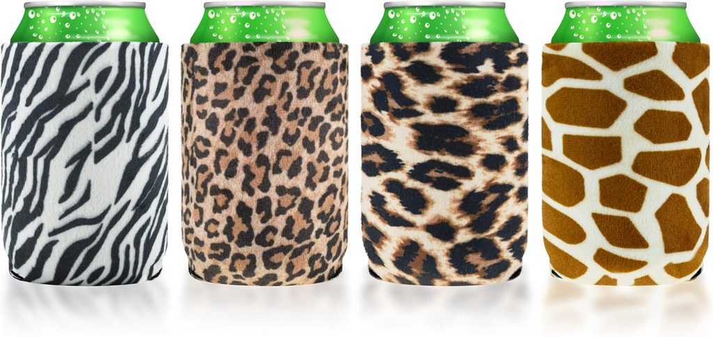 Carol Velvet Neoprene Beer Soda Can Cooler Sleeves, Cold Beverages Bottle Insulated Cover for BBQ, Bachelor, Wedding Party 4-Pack (Cheetah, Leopard, Giraffe, Zebra)