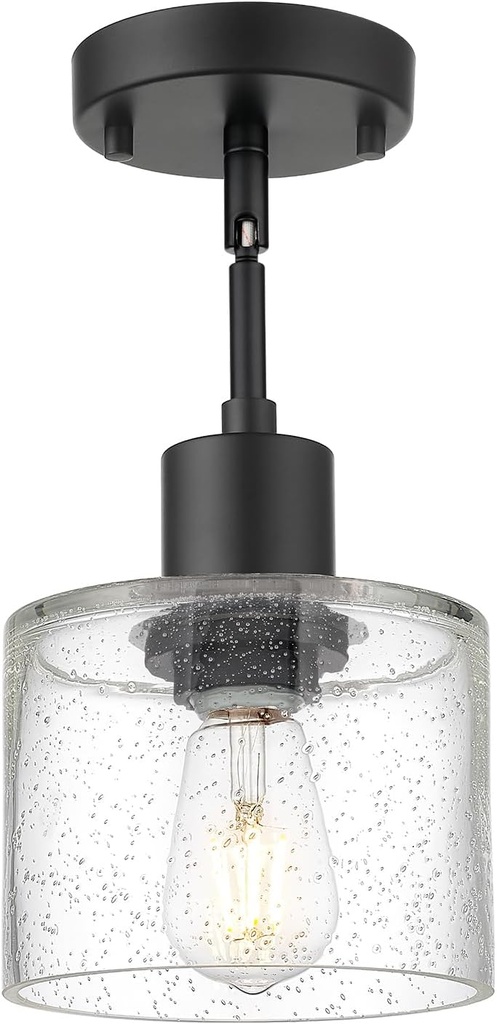 LMS Semi Flush Mount Ceiling Light, Modern Farmhouse 1-Light Ceiling Light Fixture in Matte Black Finish with Seed Glass, LMS-101