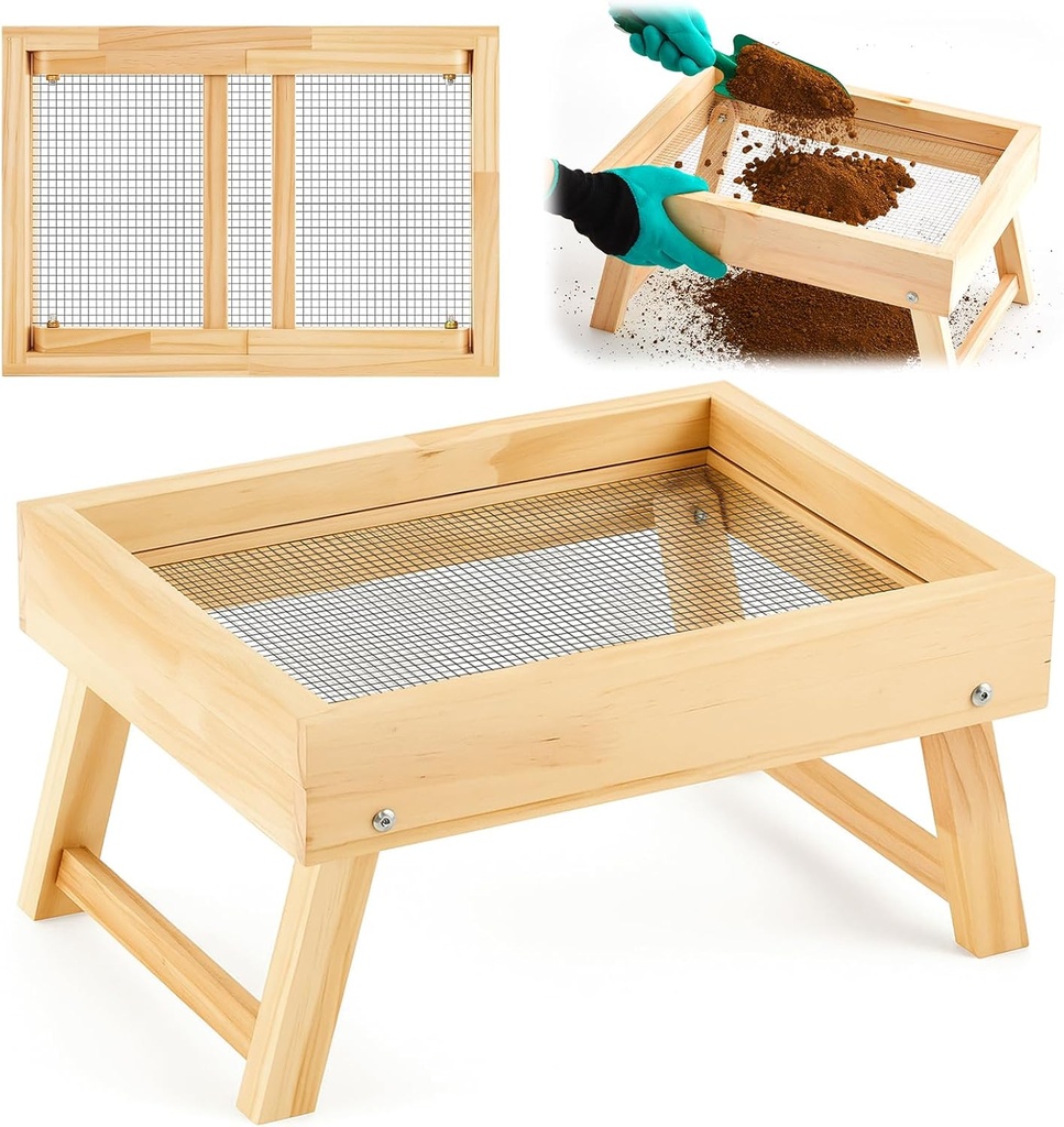 Vicenpal 15.8 x 11.8 Inches Soil Sifter Dirt Sifter with Folding Bracket for Gardening Wood Compost Sifters for Rocks Sieve with Shovel and Gloves Set Tool Screen Soil Peat Moss Leaves Loam Sand Plant