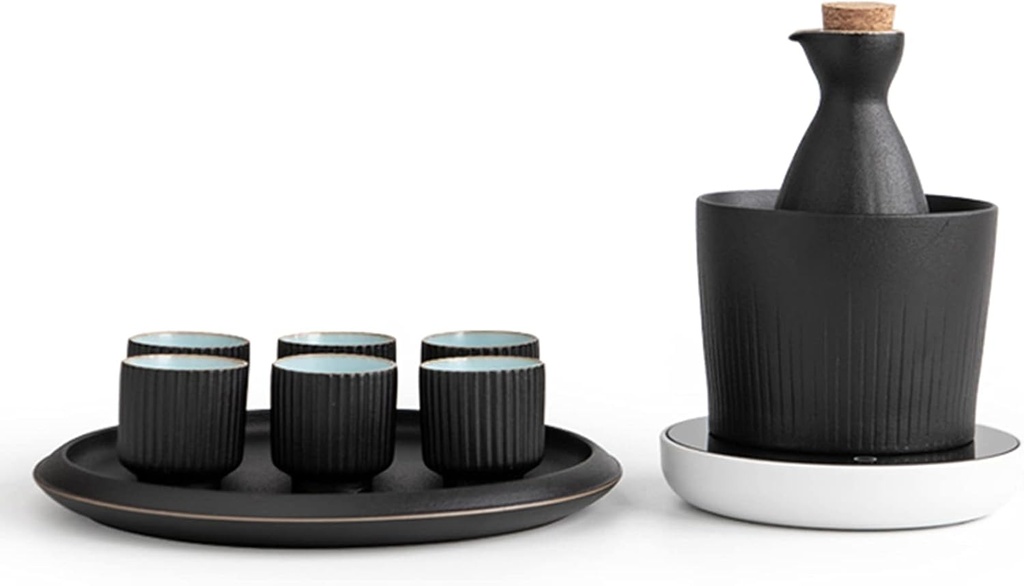 Ceramic Sake Set, Sake Set with Warmer, Traditional Hot Saka Set 8-Piece Including 1Pc Warming Mug, 1Pc Sake Pot, 4Pcs Sake Cups 1 Base and 1 Tray,Candle Stove,4 Cups