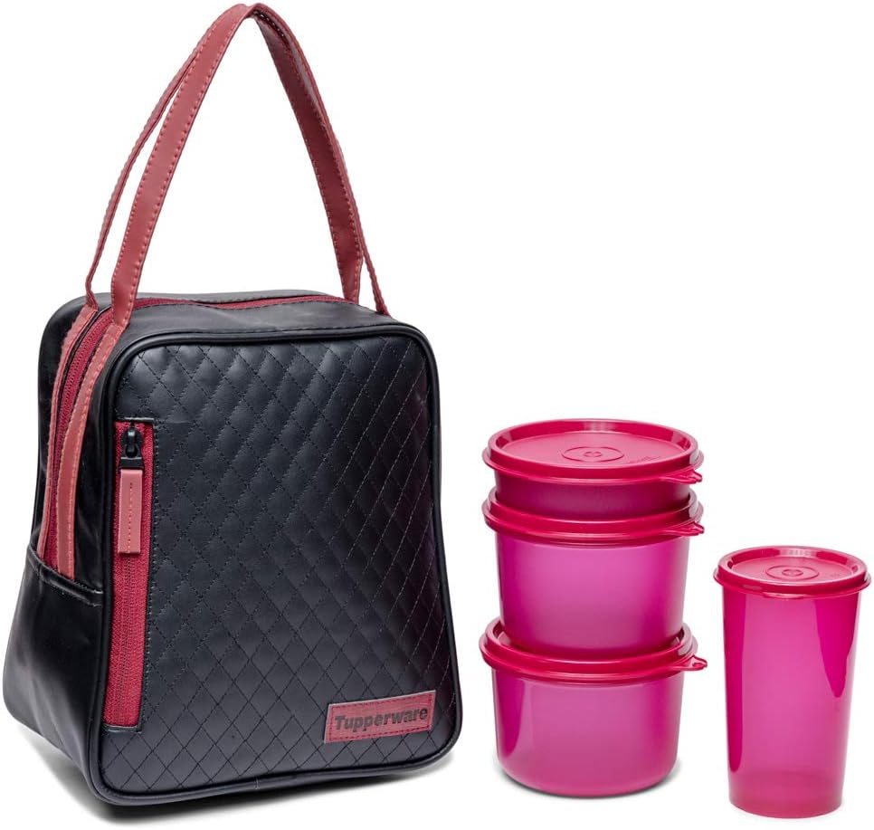 Tupperware Plastic Elegant Lunch Set for Women (Pink) - Contains 4 Bowls and 1 Lunch Bag