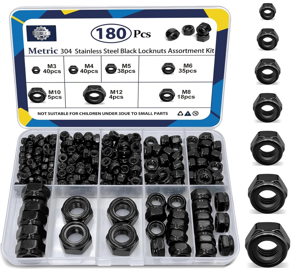 ZQZ 180 Pack Black Locknuts Assortment Kit, M3 M4 M5 M6 M8 M10 M12 Metric Black Nylon Insert Lock Nuts Set, 304 Stainless Steel Standard Threaded Nylock Nuts