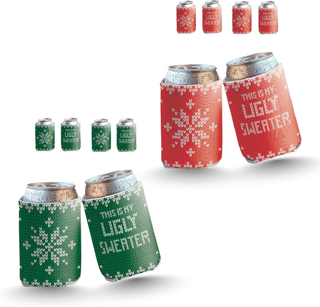VictoryStore Christmas Ugly Sweater Can Coolers – Set of 6 Holiday Drink Sleeves (3 Red, 3 Green) – Funny Christmas Party Favors for 12 oz Cans & Bottles