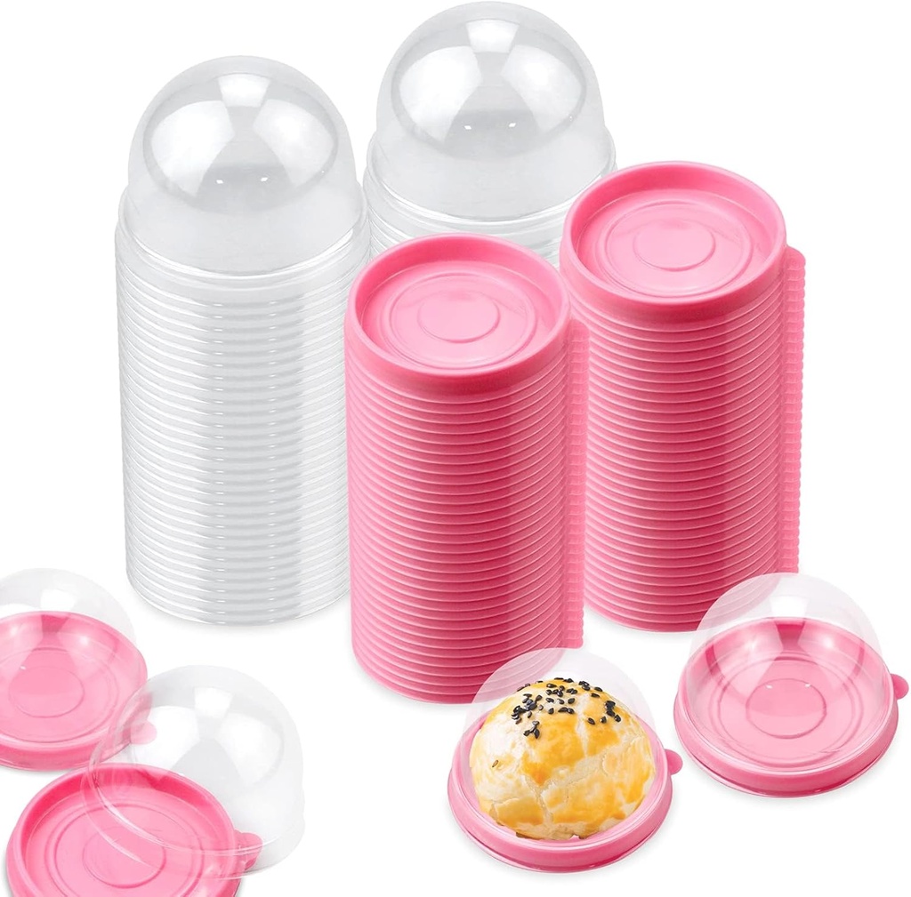 PRALB 100 Set 2.75x2.75x2 inch Mini Cupcake Boxes Clear Plastic Muffin Pod Dome Muffin Single Container Box Wedding Birthday Gifts Supplies for Cheese Pastry Dessert Mooncake (round, pink)