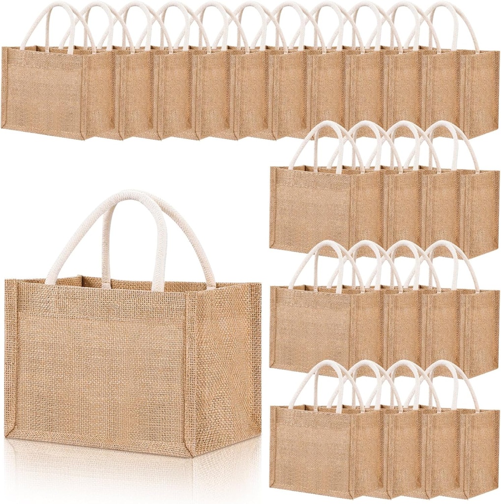 Cunno 24 Pcs Burlap Tote Bag Mini Jute Reusable Waterproof Bag with Handles Small Blank Canvas for Wedding Beach DIY Gift(Classic,9.06 x 6.3 x 5.12)