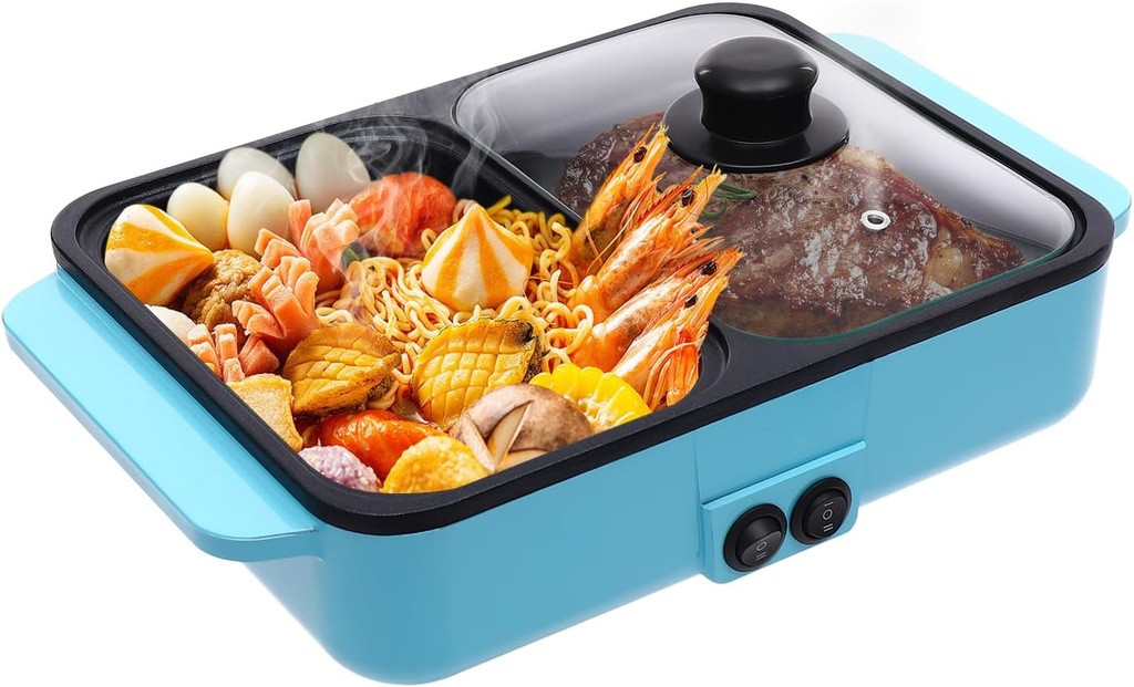 Mini Blue Electric Hot Pot with Grill: Compact and Convenient for Cooking and Gathering