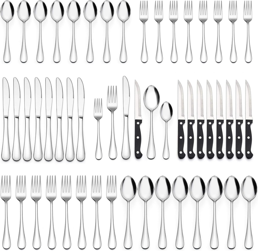 LIANYU 48-Piece Silverware Set with Steak Knives, Stainless Steel Flatware Cutlery Set for 8, Fancy Eating Utensils Tableware, Dishwasher Safe, Mirror Finish
